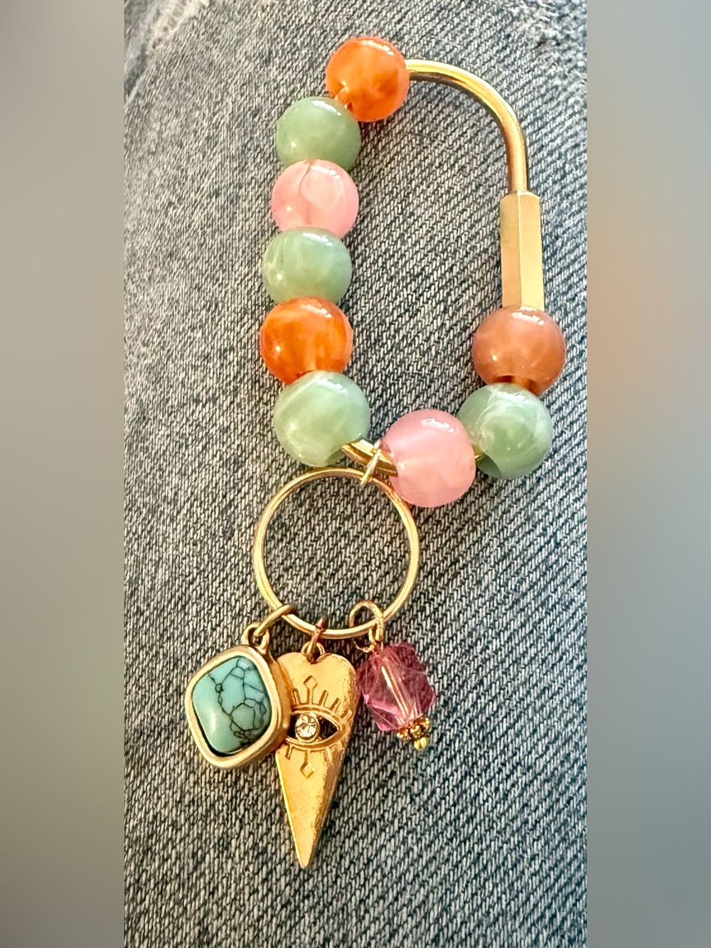 Gold Multi-Bead Charm Bag Charm with Pink, Green & Orange Beads